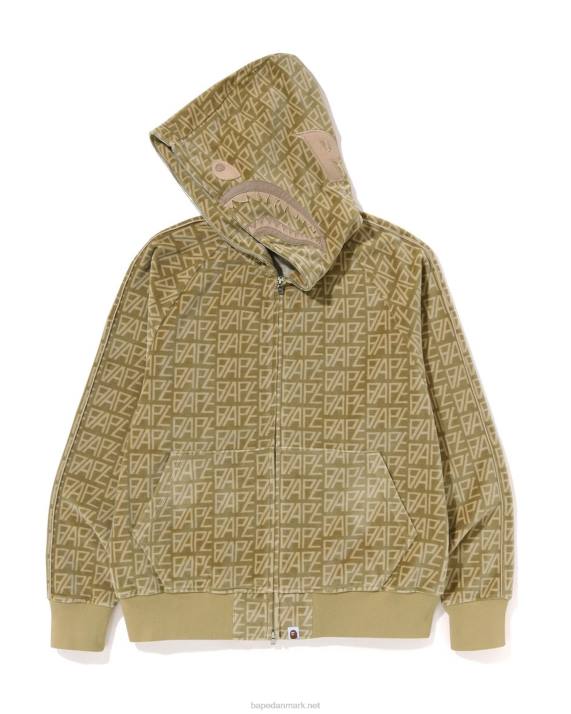 A Bathing Ape Mænd logo monogram velour haj hættetrøje med fuld lynlås HH6J226 beige