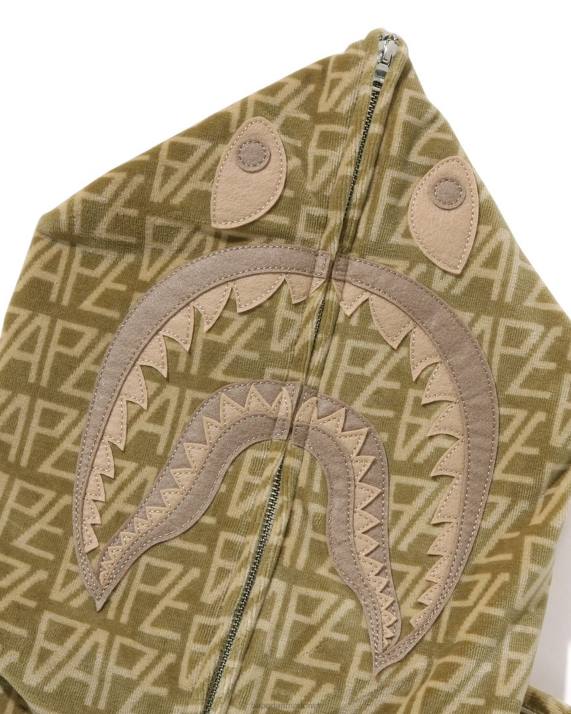 A Bathing Ape Mænd logo monogram velour haj hættetrøje med fuld lynlås HH6J226 beige