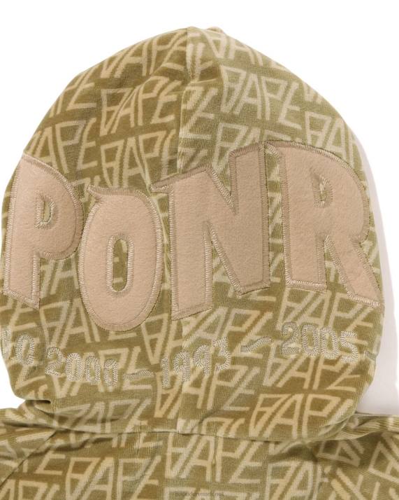 A Bathing Ape Mænd logo monogram velour haj hættetrøje med fuld lynlås HH6J226 beige