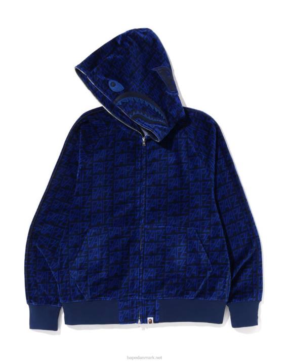 A Bathing Ape Mænd logo monogram velour haj hættetrøje med fuld lynlås HH6J227 Marine blå