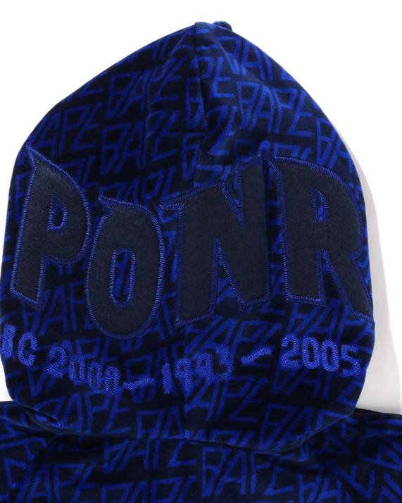 A Bathing Ape Mænd logo monogram velour haj hættetrøje med fuld lynlås HH6J227 Marine blå